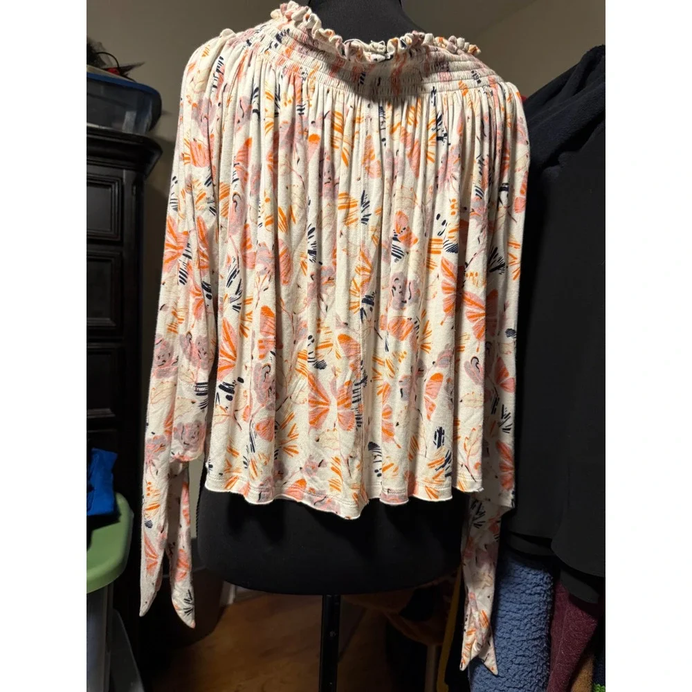 We The Free Free People Floral Smocked Off The Shoulder Long Sleeve Top Orange M